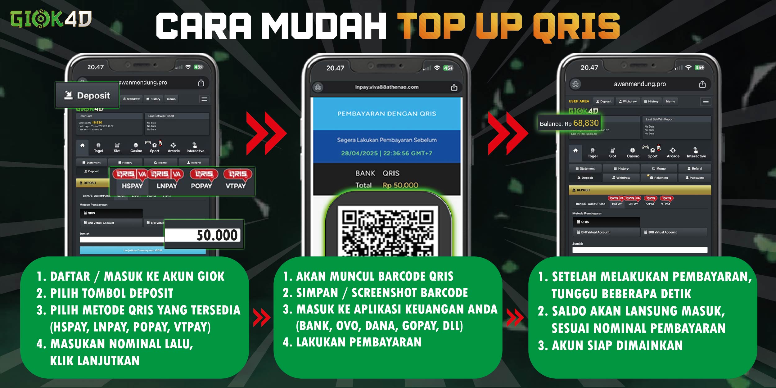 tutor deposit qris pop up giok